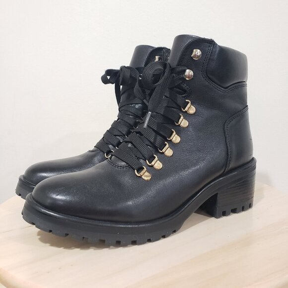 Steve Madden Grenada Boots Size 9 Moto Hiking Black Leather Lace up - Picture 2 of 14